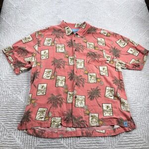 Bermuda Bay Silk Tropical Shirt Men's XXL Pink Palm Tree Postcard Hawaiian Camp